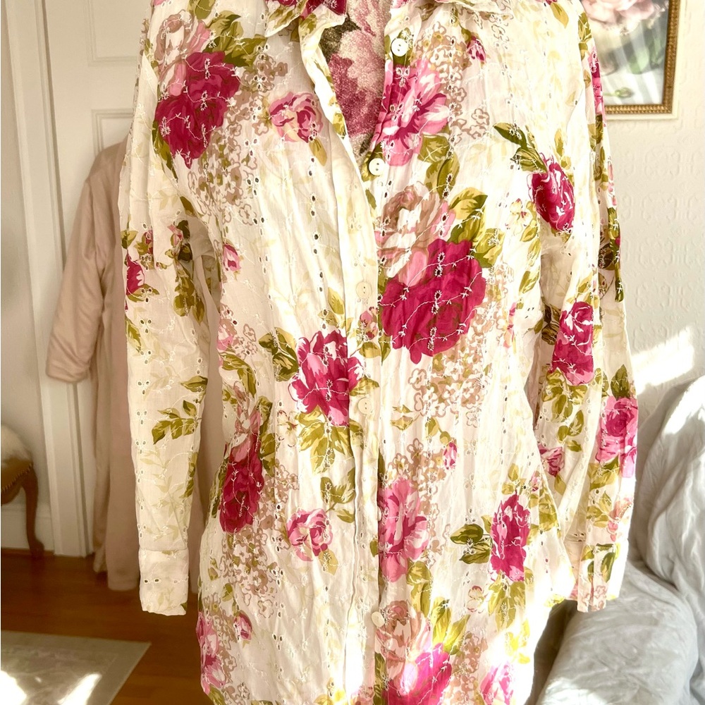 St Johns Bay Floral Roses Eyelet Button-Up Women's Top L